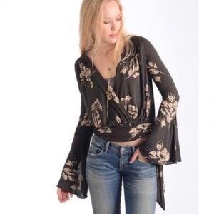 Free People Black Floral Wrap Blouse